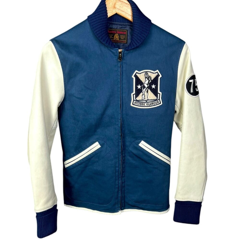 Hysteric Glamour Japan Men's Small Stadium Jacket Blue Ivory Leather Sleeves